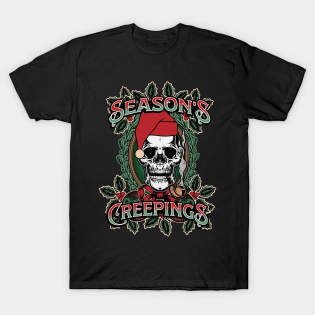 Seasons Creepings Funny Goth Christmas Skull Santa T-Shirt by PUFFYP